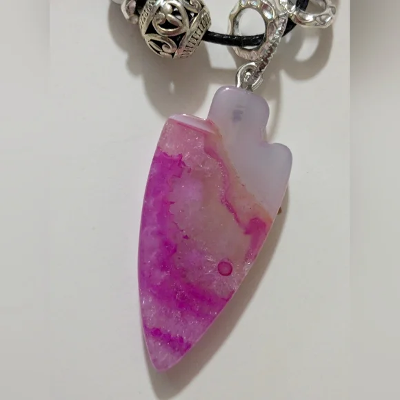 Handmade White & Pink Druzy Arrowhead Silver Beaded Necklace - Picture 14 of 14